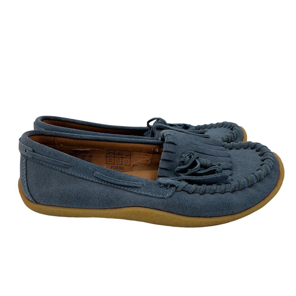 Fossil Womens Blue Suede Fringe Moccasin Loafers Size 8‎ FFW4016470 Gum Sole